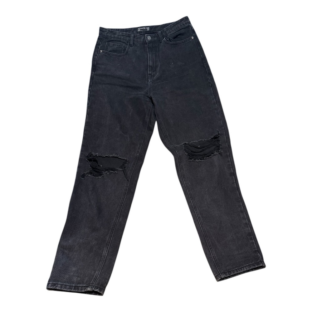 PrettyLittleThing Black Straight Leg MOM Ripped Denim Cotton Jeans Size 8